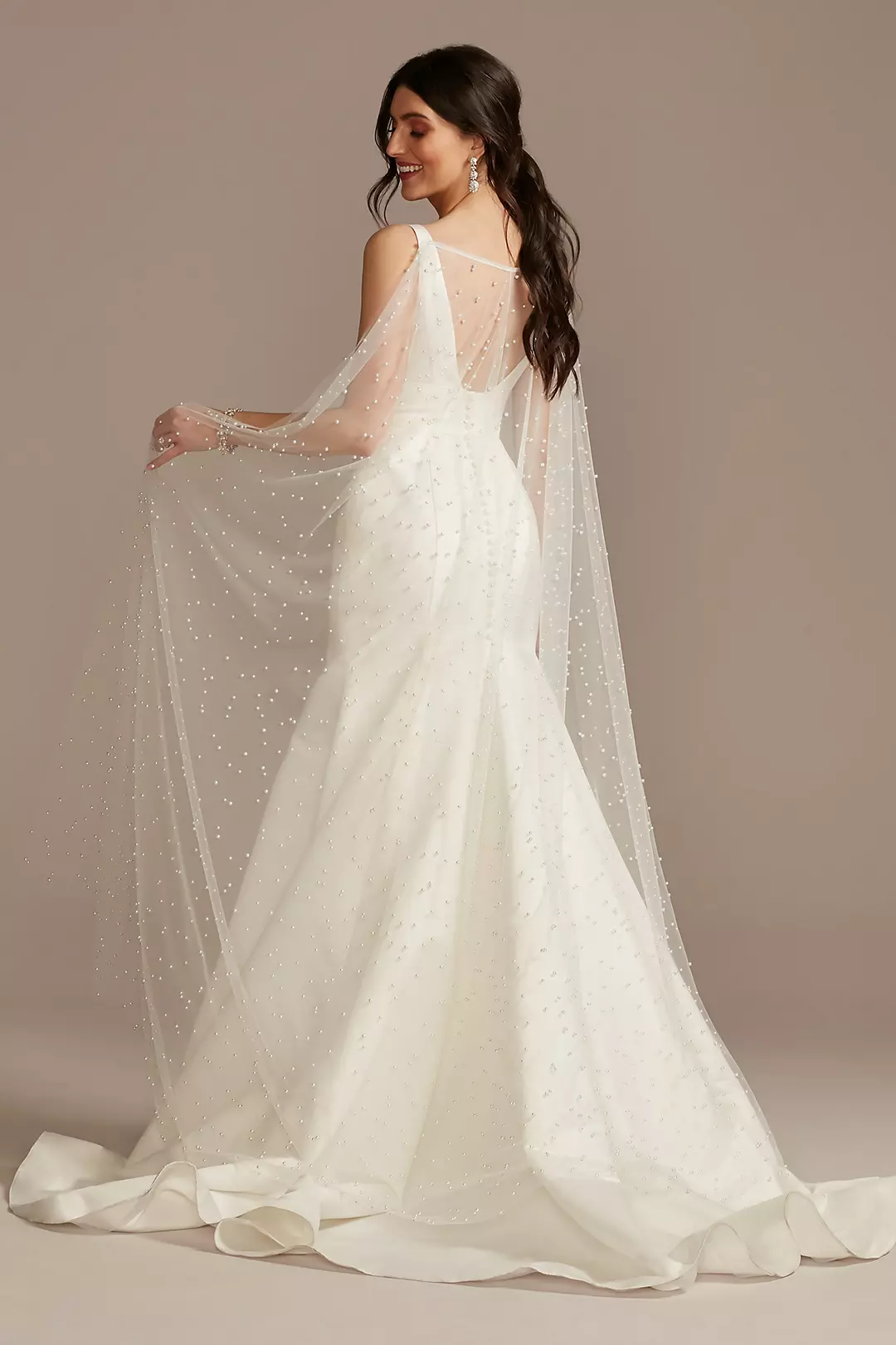 Allover Pearl Convertible Tulle Cape Train - Image 3
