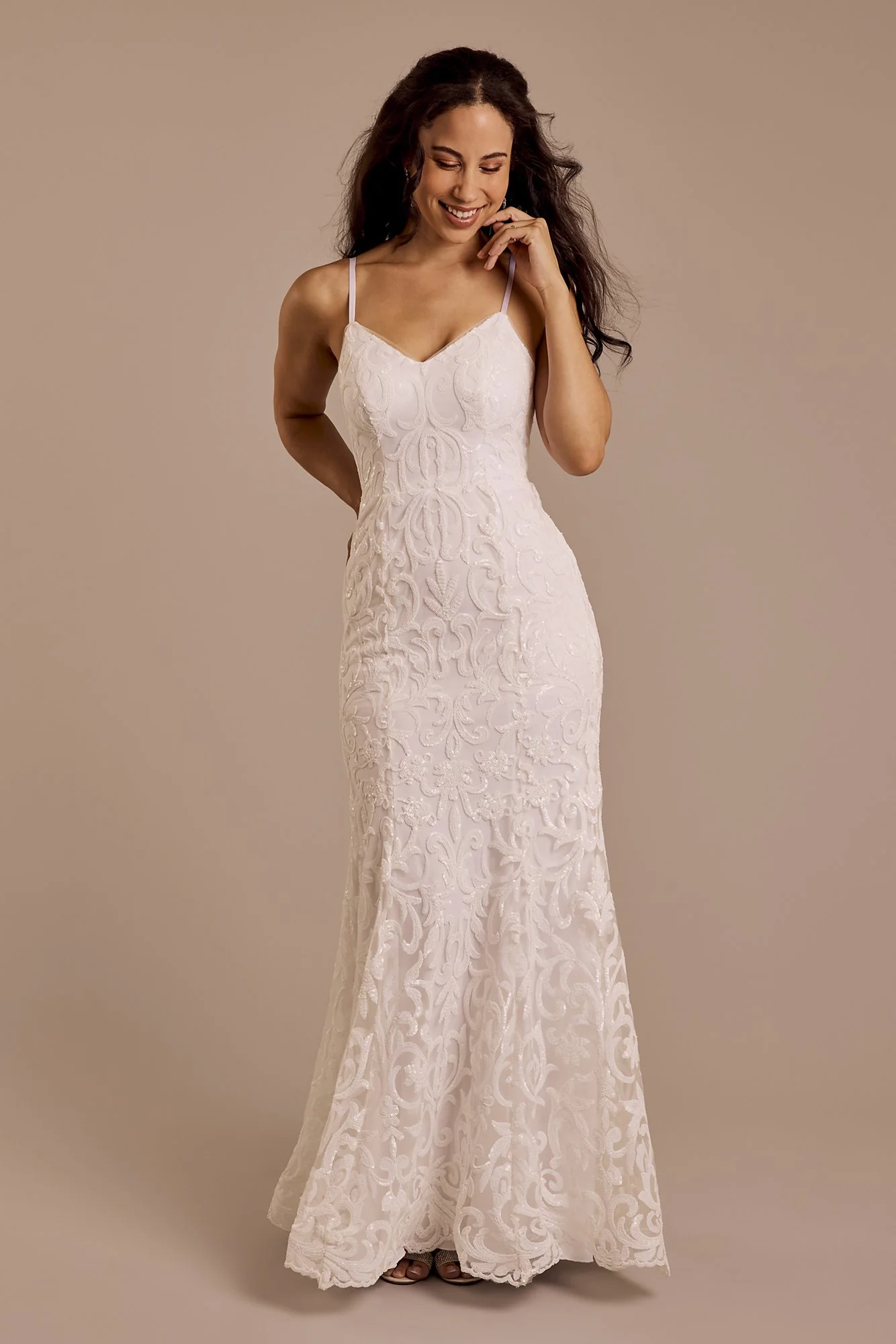 Allover Sequin Applique Sheath Wedding Dress - Image 5