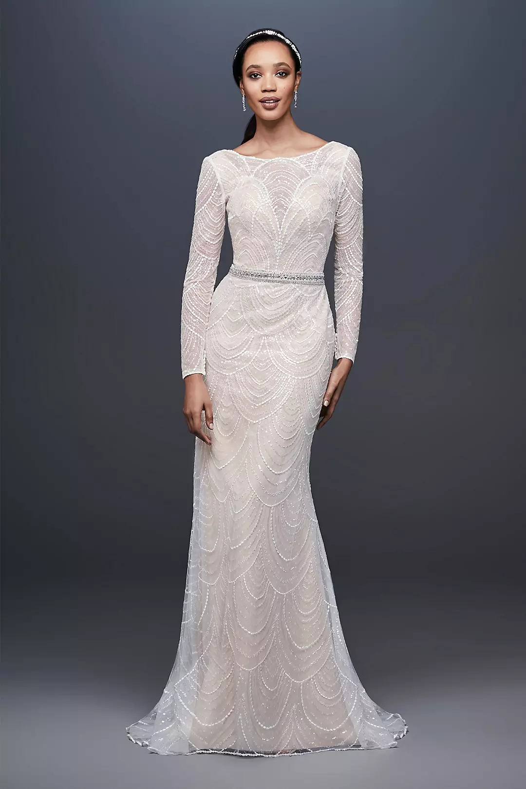 Allover Sequin Art Deco Sheath Wedding Dress - Image 9