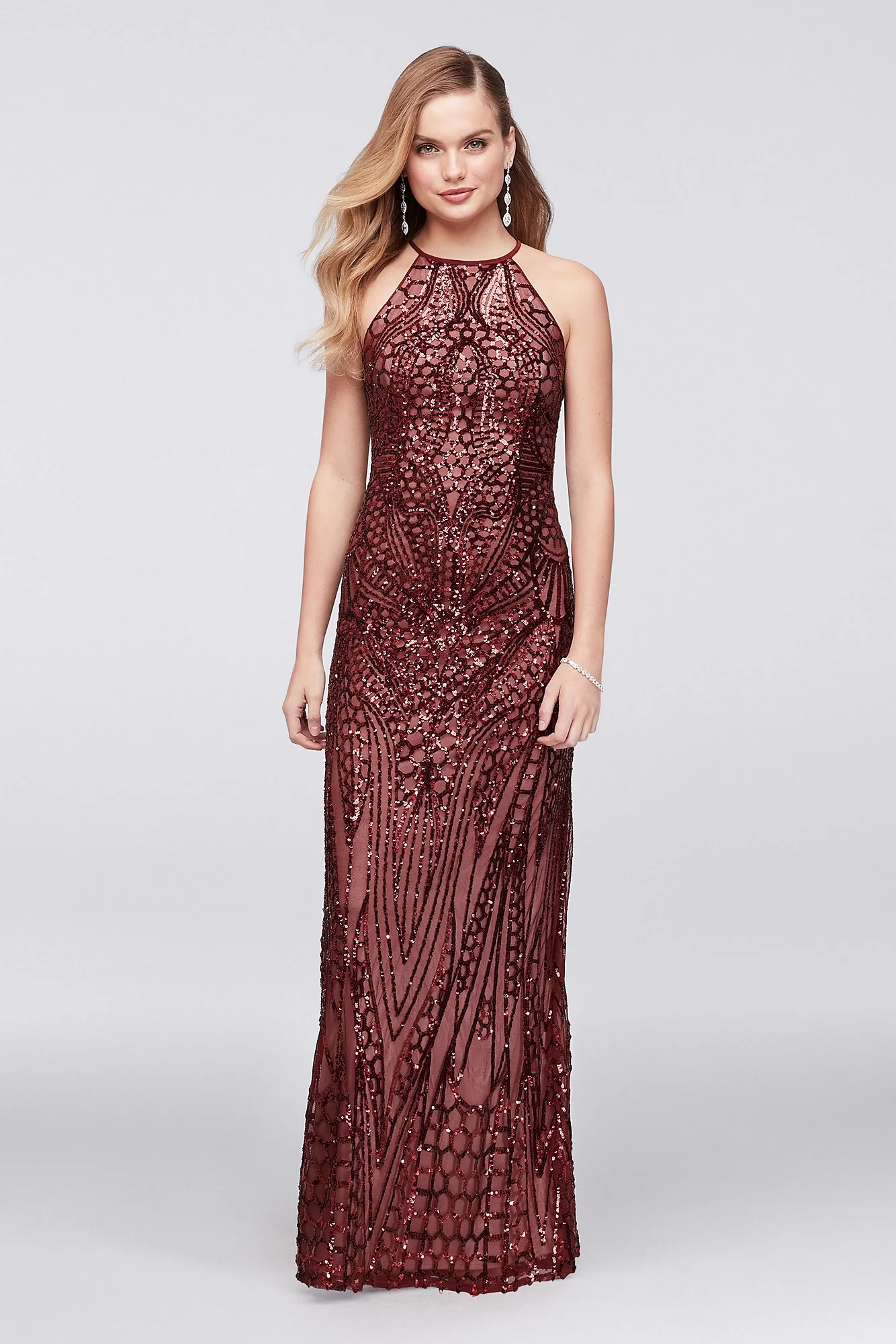 Allover Sequin Crisscross-Back Sheath Gown