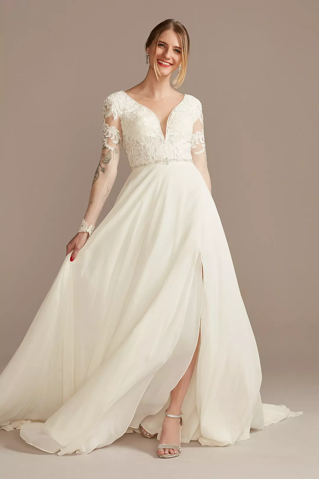 Applique Illusion Chiffon Plus Size Wedding Dress - Image 11
