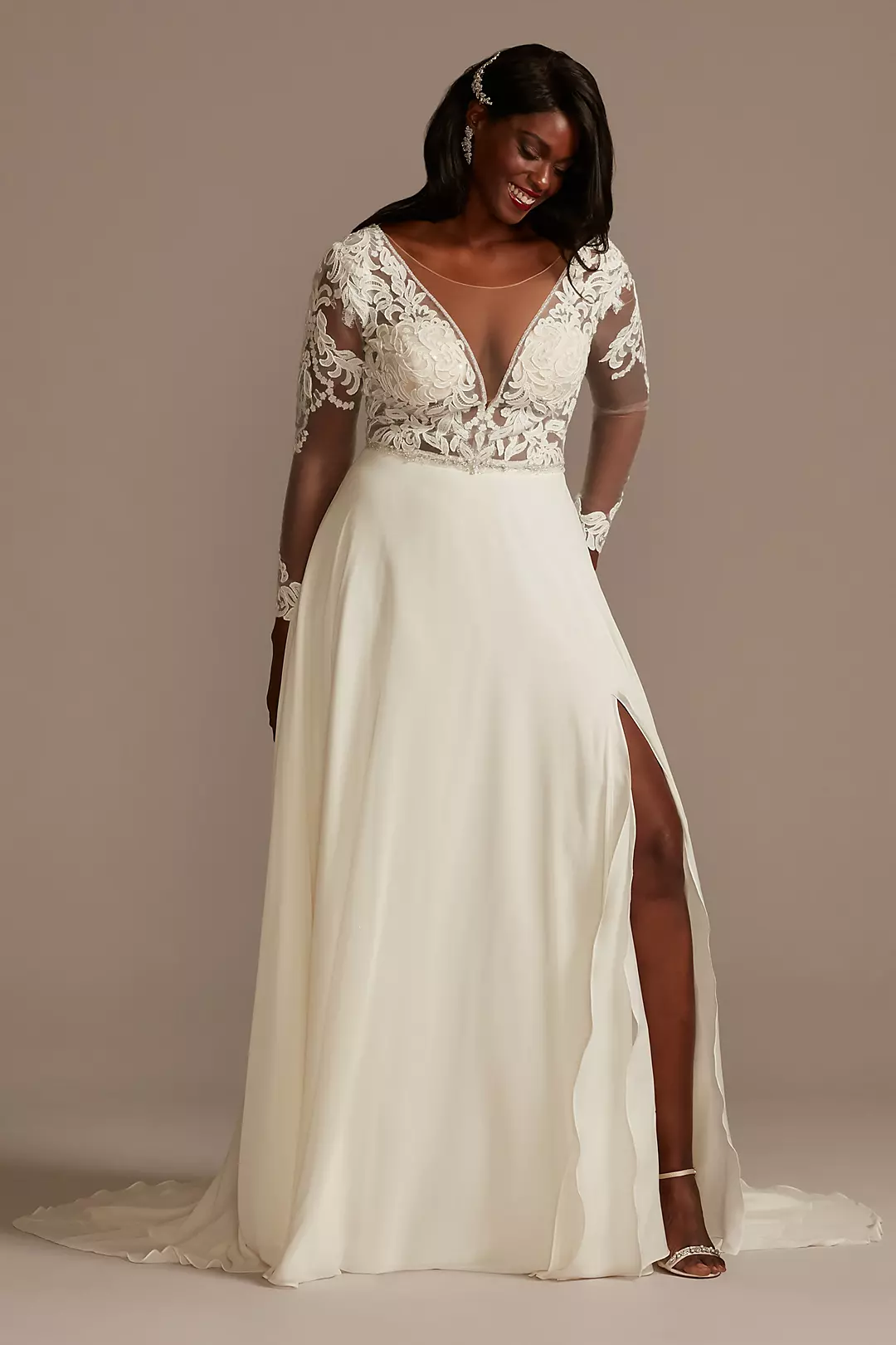 Applique Illusion Chiffon Plus Size Wedding Dress - Image 32