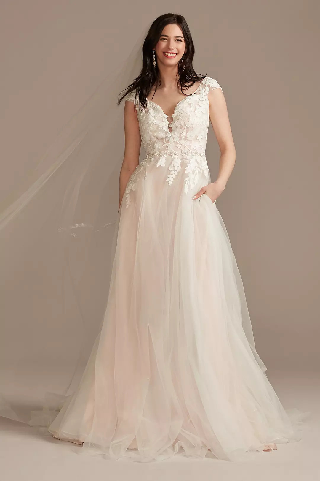 Appliqued Cap Sleeve Tulle Ball Gown Wedding Dress - Image 43