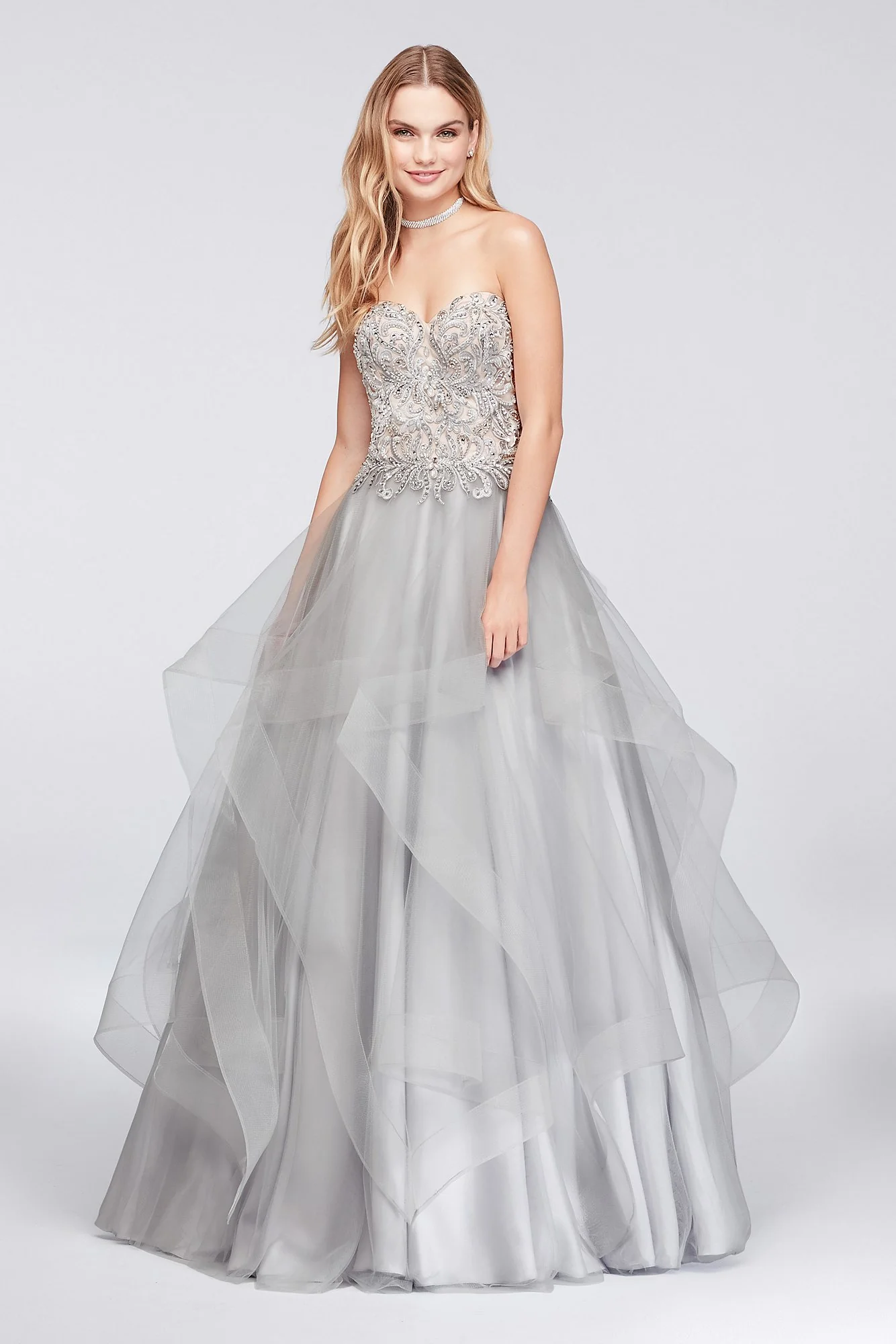 Appliqued Illusion Ball Gown with Ruffled Skirt
