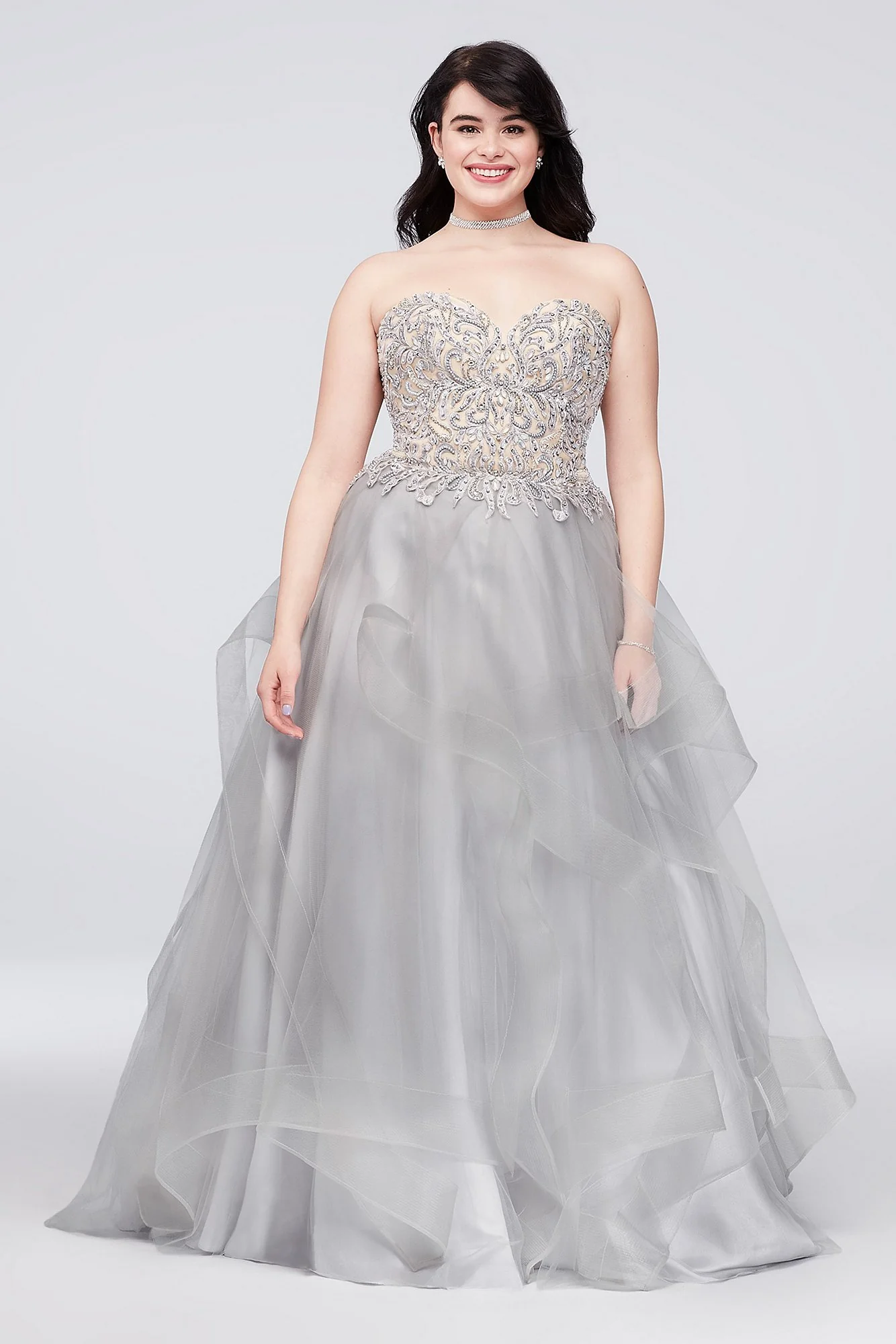 Appliqued Illusion Ball Gown with Ruffled Skirt - Image 2