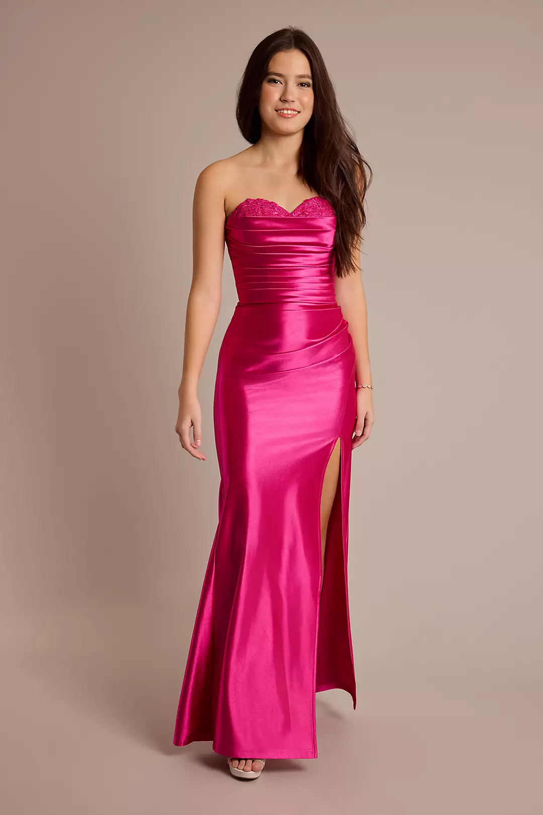 Appliqued Peekaboo Bodice Satin Sheath Dress - Image 2