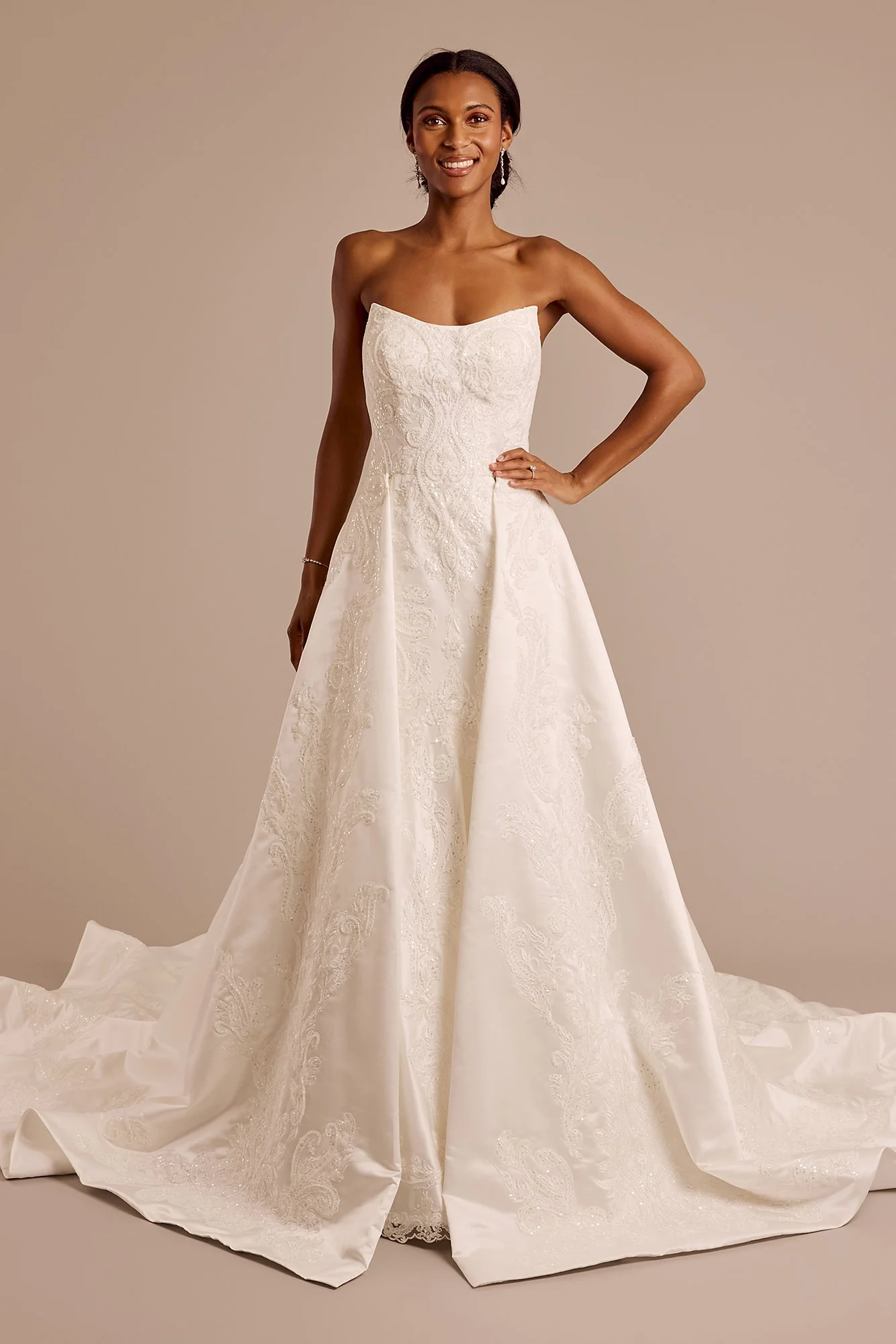 Appliqued Satin Wedding Dress with Overskirt - Image 4