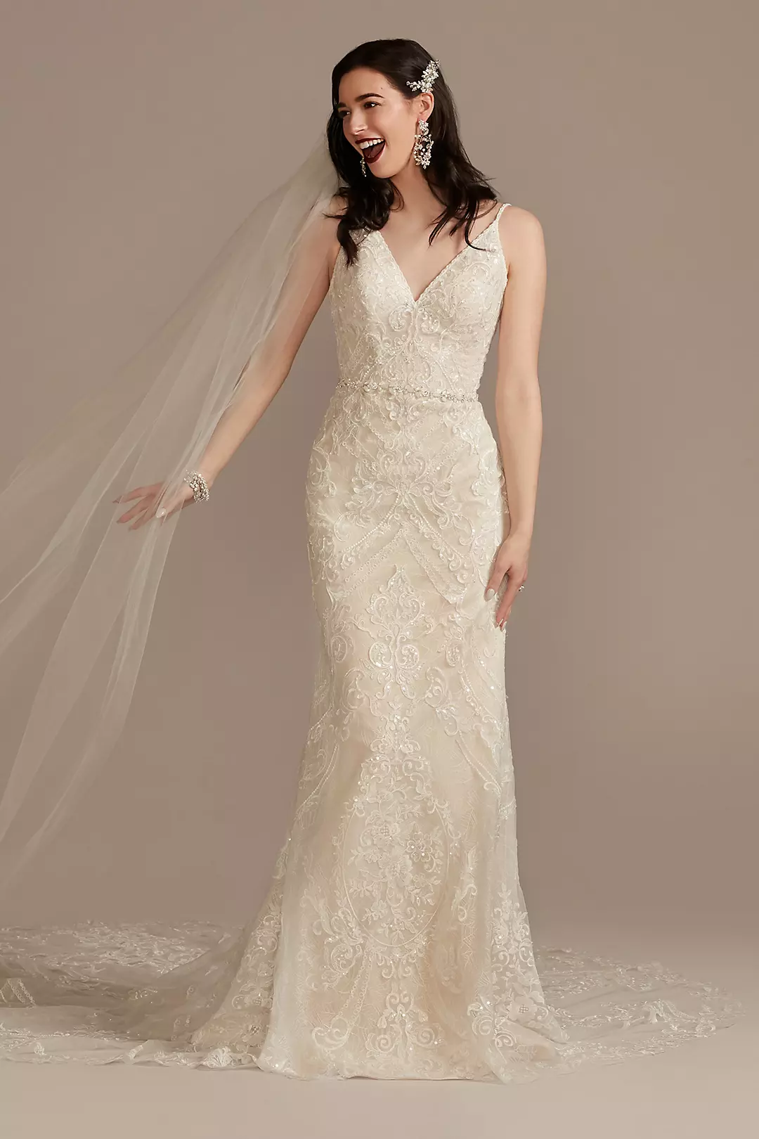 As Is Beaded Applique Tulle Sheath Wedding Dress - Image 3