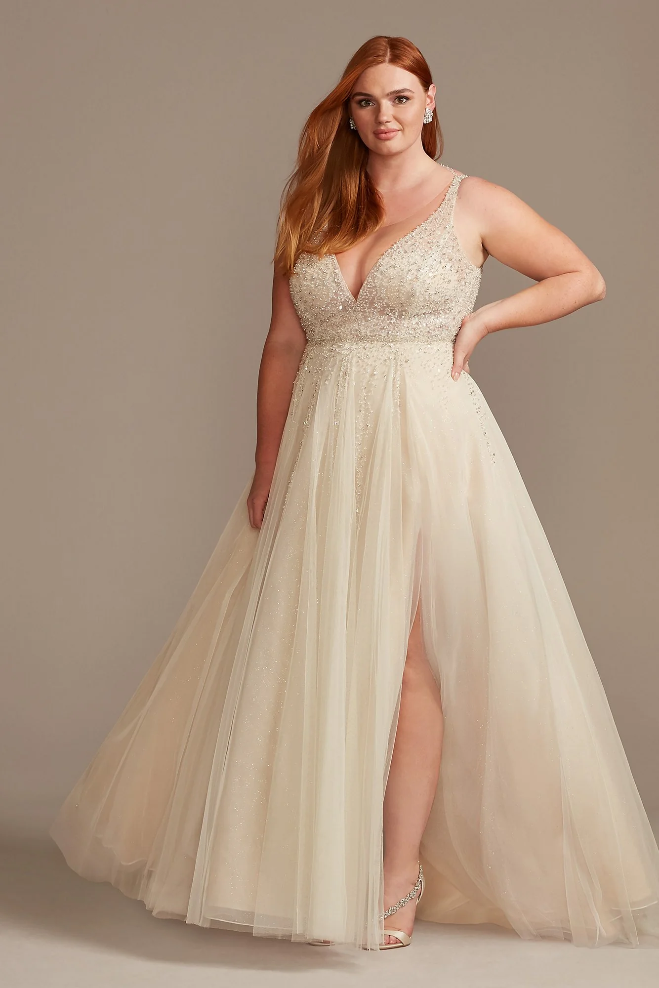 As Is Beaded Plunging-V Plus Size Wedding Dress