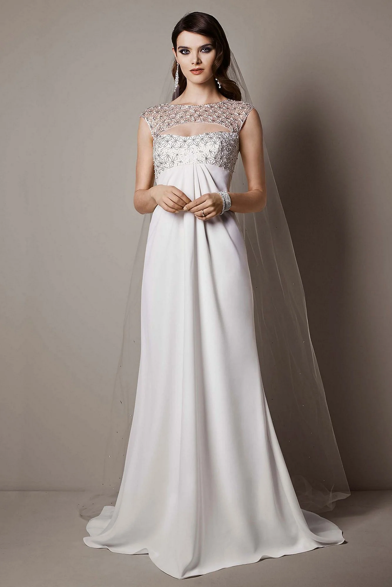 As-Is Cap Sleeve Crepe Sheath Gown with Beading
