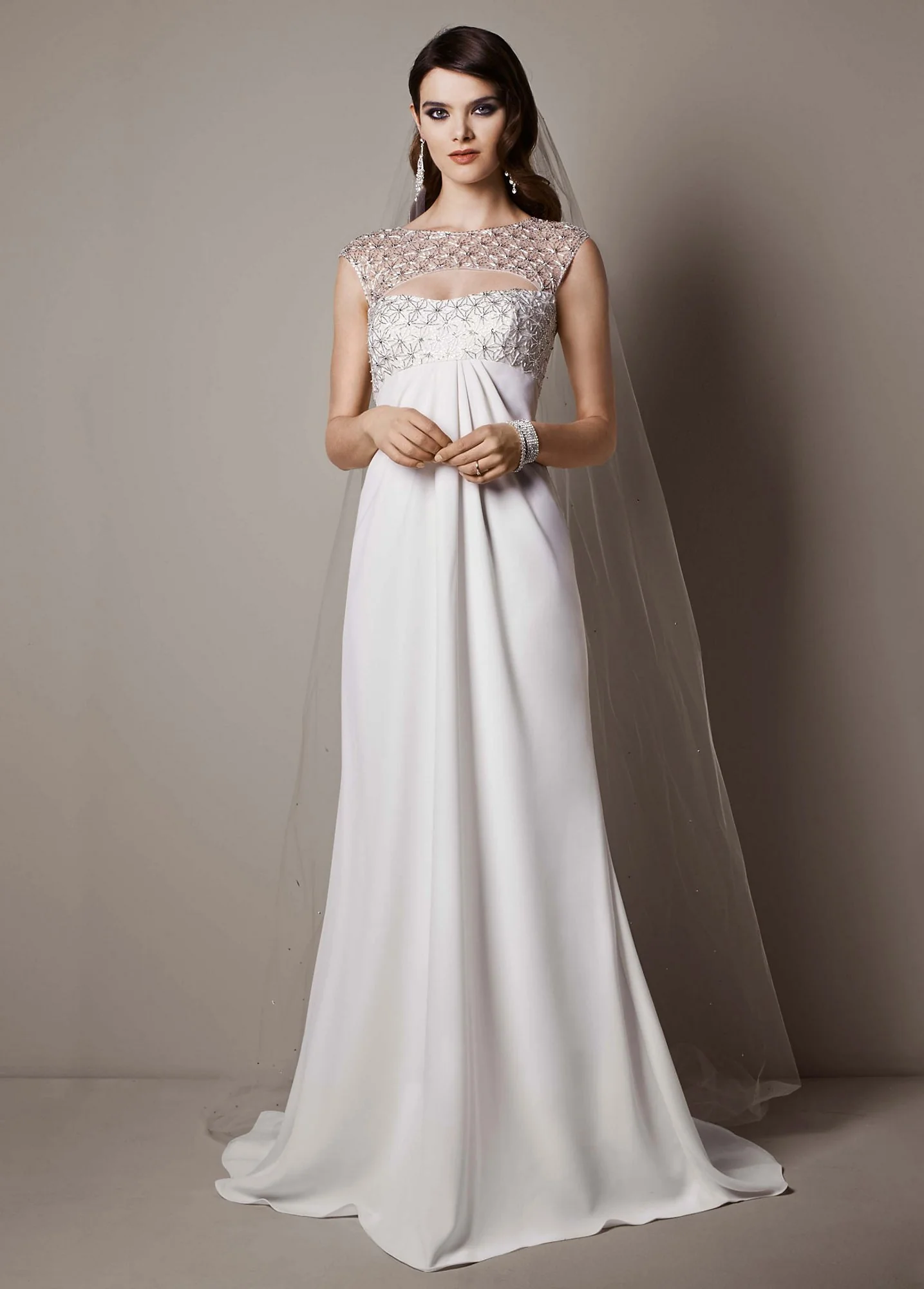 As-Is Cap Sleeve Crepe Sheath Gown with Beading - Image 2