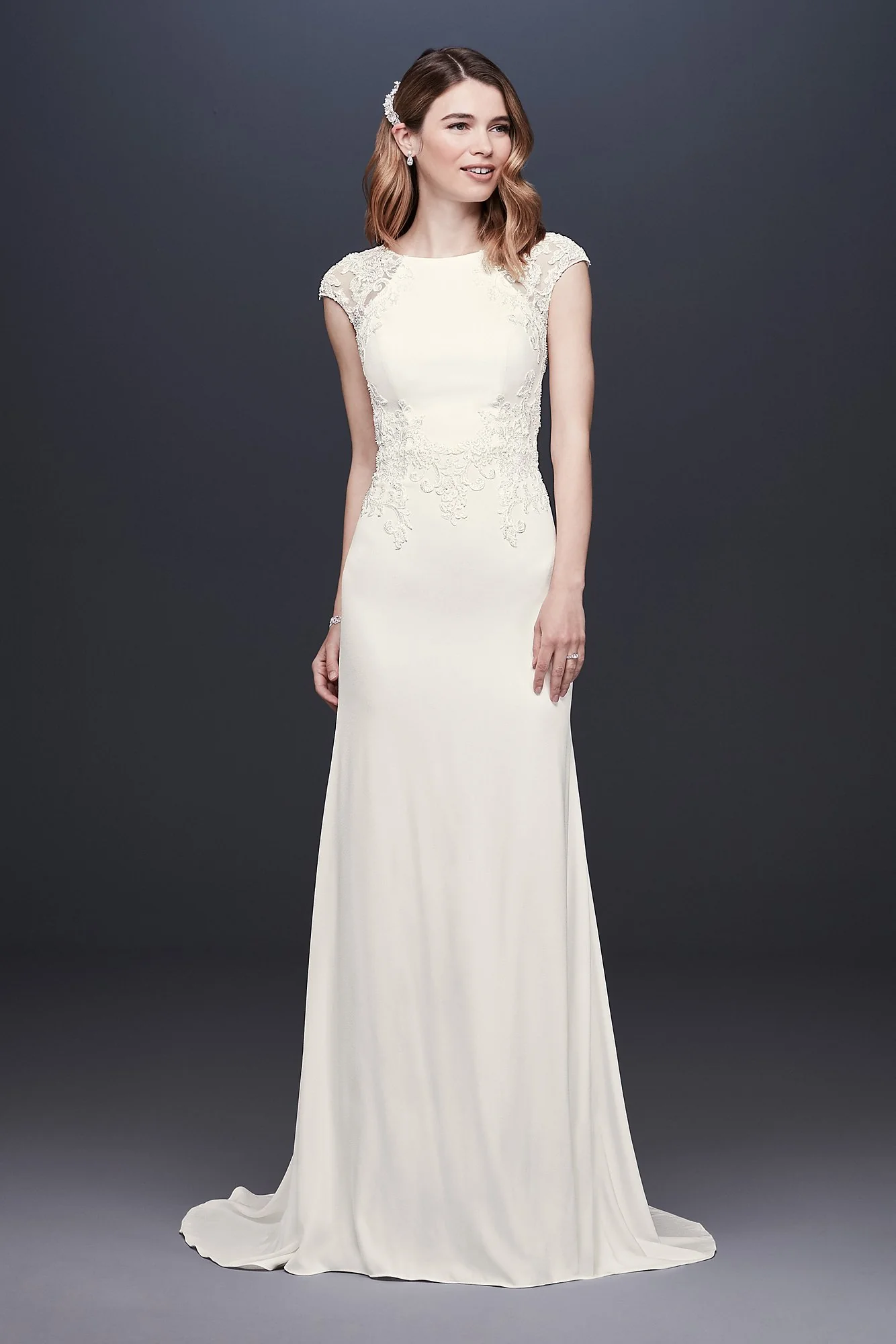 As-Is Cap Sleeve Crepe Sheath Wedding Dress - Image 2
