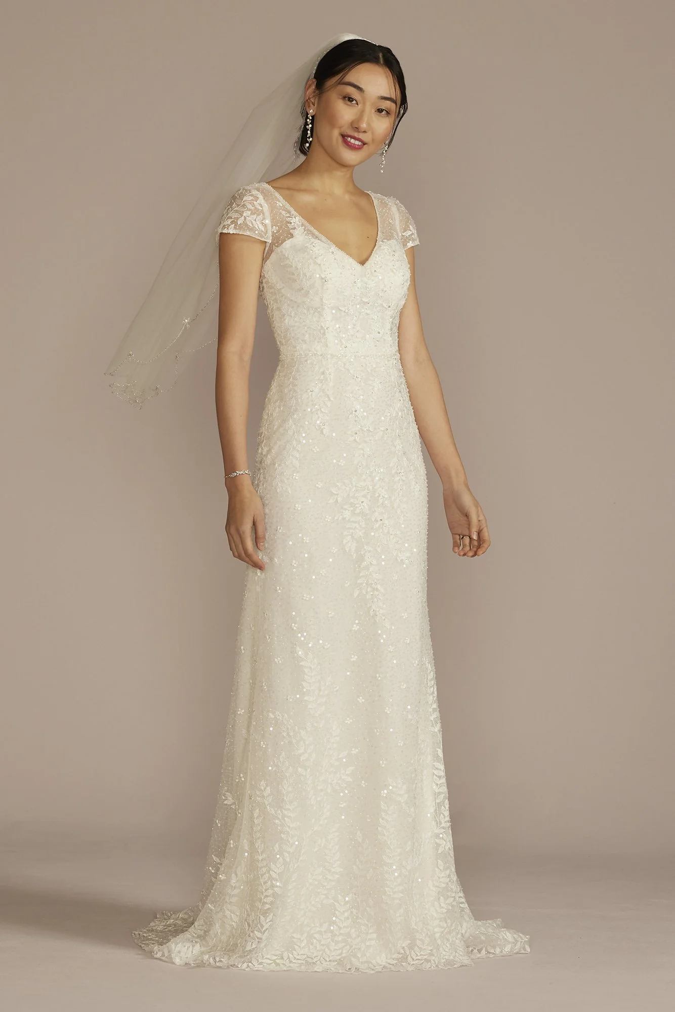 As Is Cap Sleeve V-Neck Beaded Lace Wedding Dress - Image 2