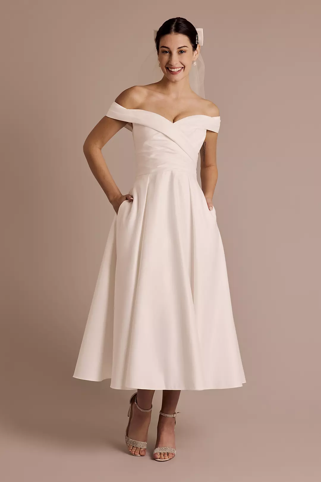 As is Draped Off-the-Shoulder Tea-Length Dress