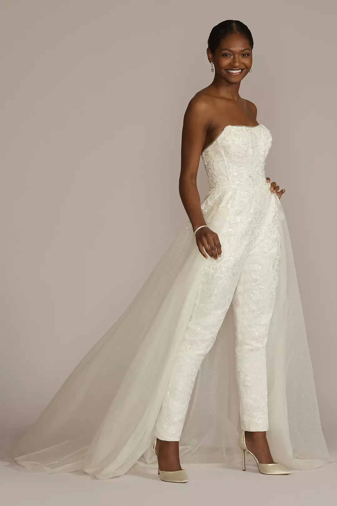 As Is Embellished Bridal Jumpsuit with Overskirt - Image 2