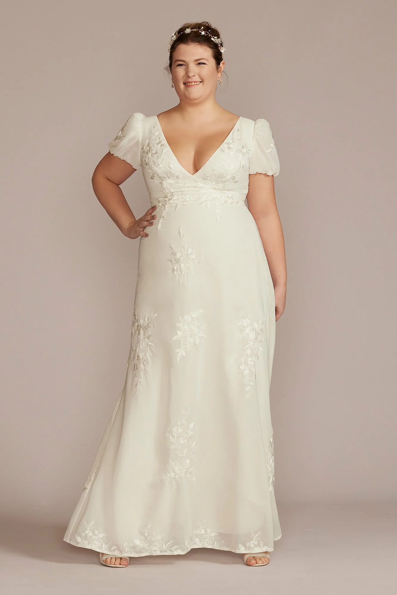 As Is Floral Applique Puff Sleeve Wedding Gown - Image 2
