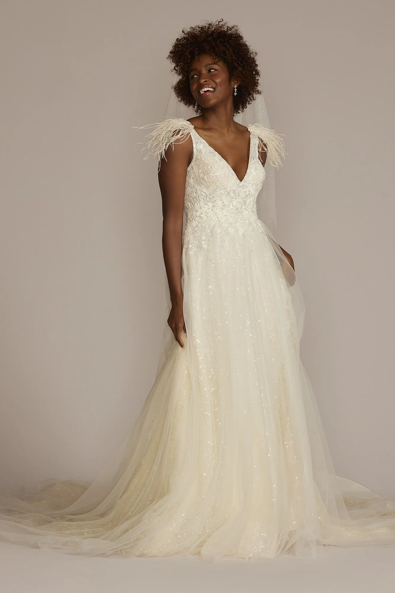 As Is Floral Sequin Feathered Wedding Dress
