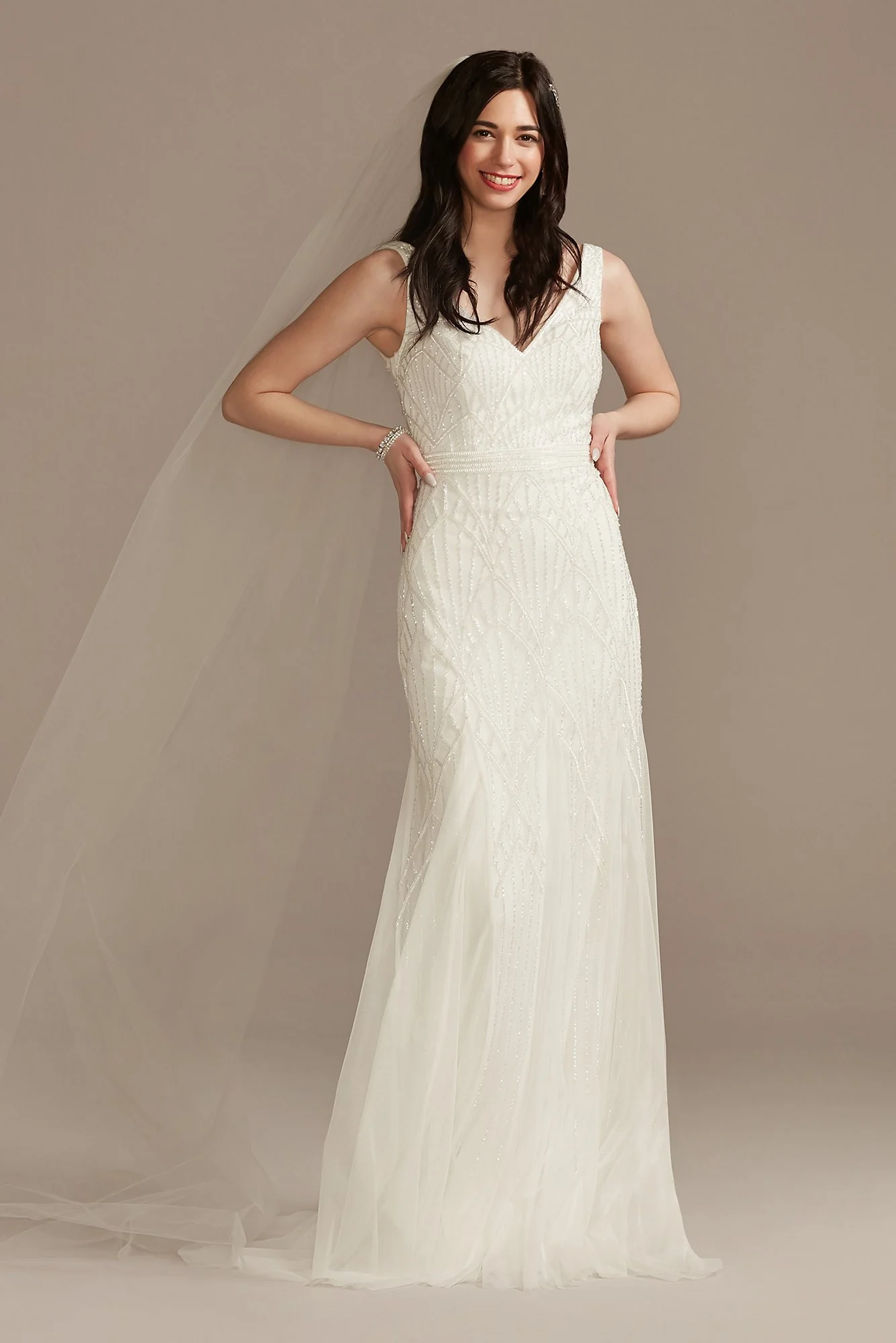As Is Geometric Beaded Wedding Dress with Godets - Image 2
