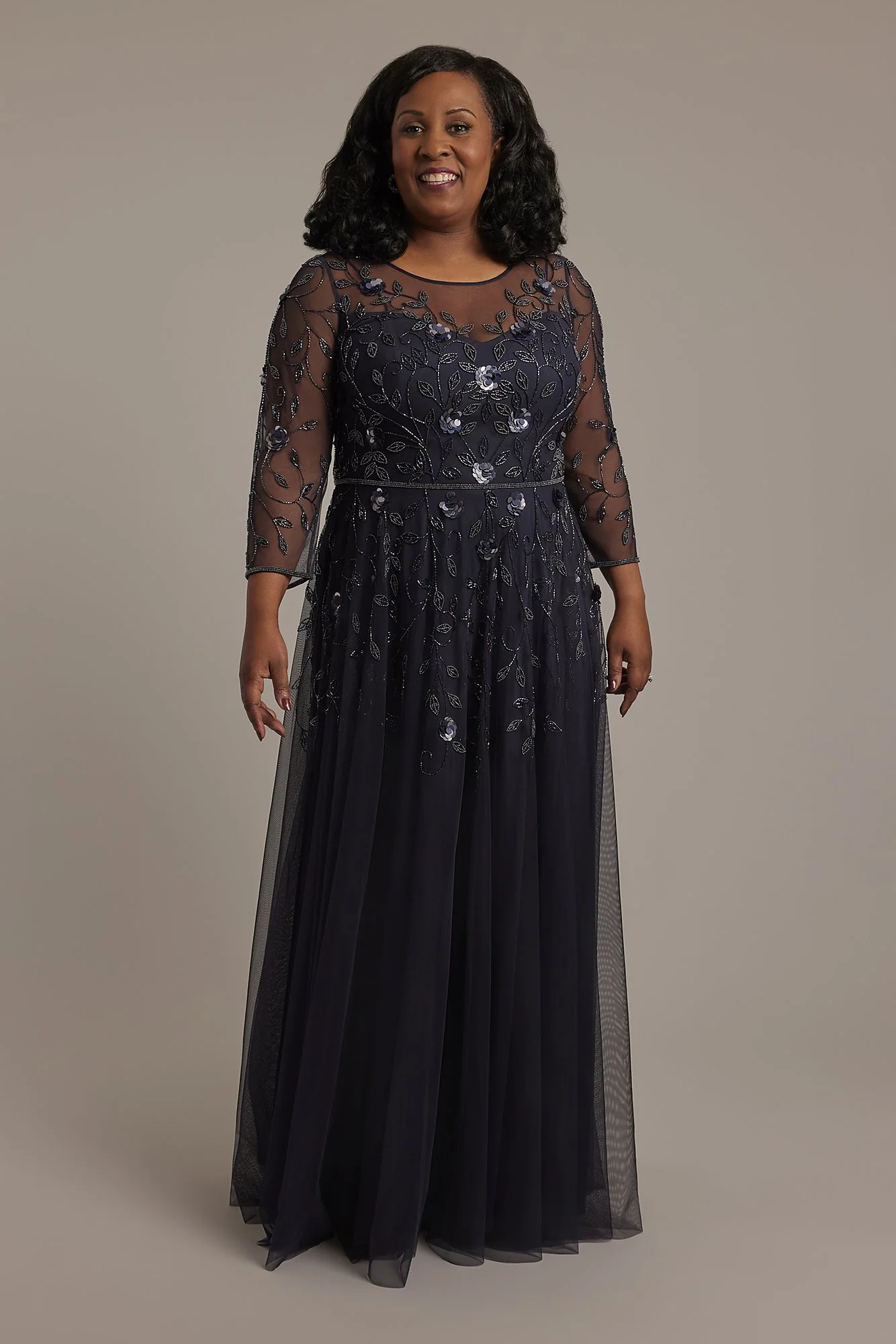 As Is Illusion Long-Sleeve Beaded A-Line Dress