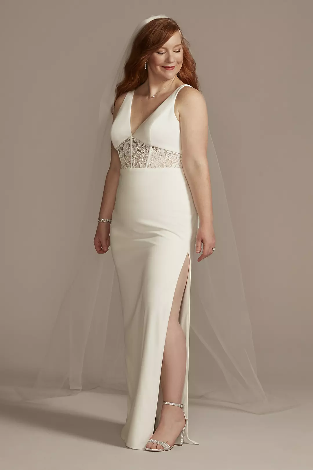 As Is Lace Inset Crepe Sheath Plus Wedding Dress - Image 3