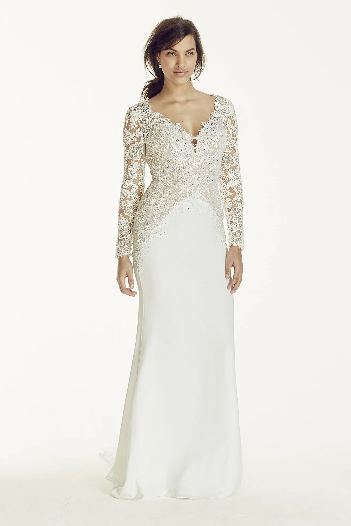 As-Is Long Sleeve Beaded Lace Plunge Neckline Gown - Image 2