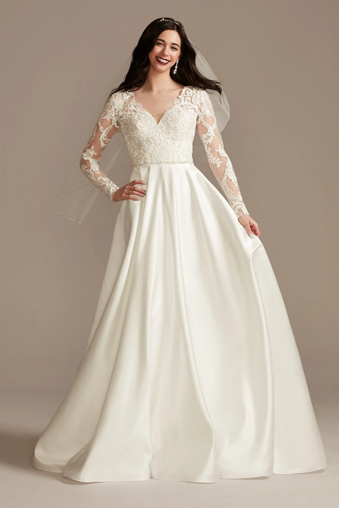 As Is Long Sleeve Satin Applique Wedding Dress - Image 2