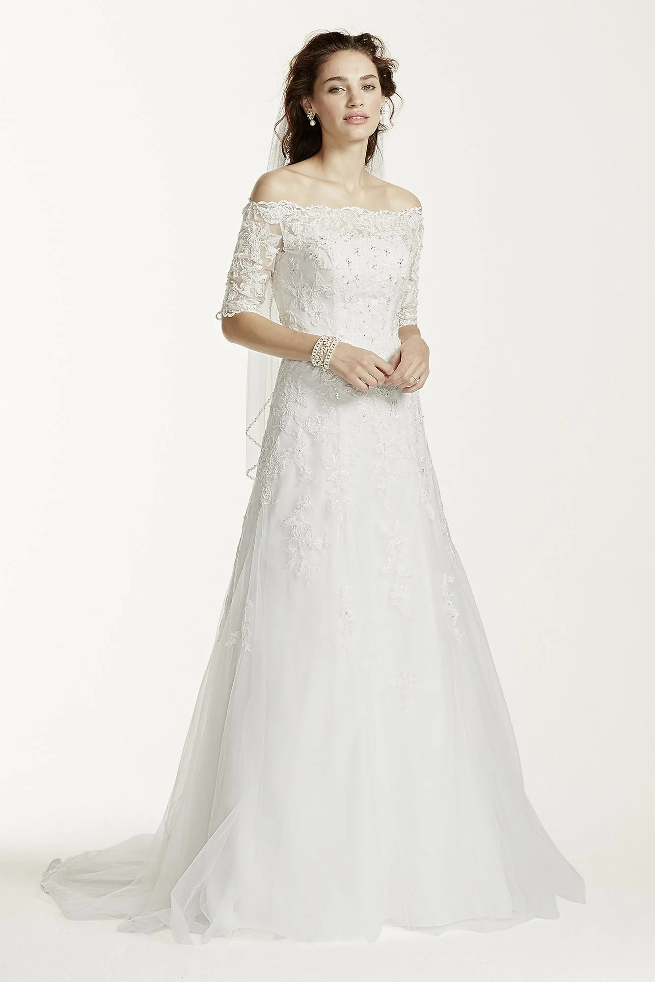 As-Is Off the Shoulder Lace Petite Wedding Dress - Image 2