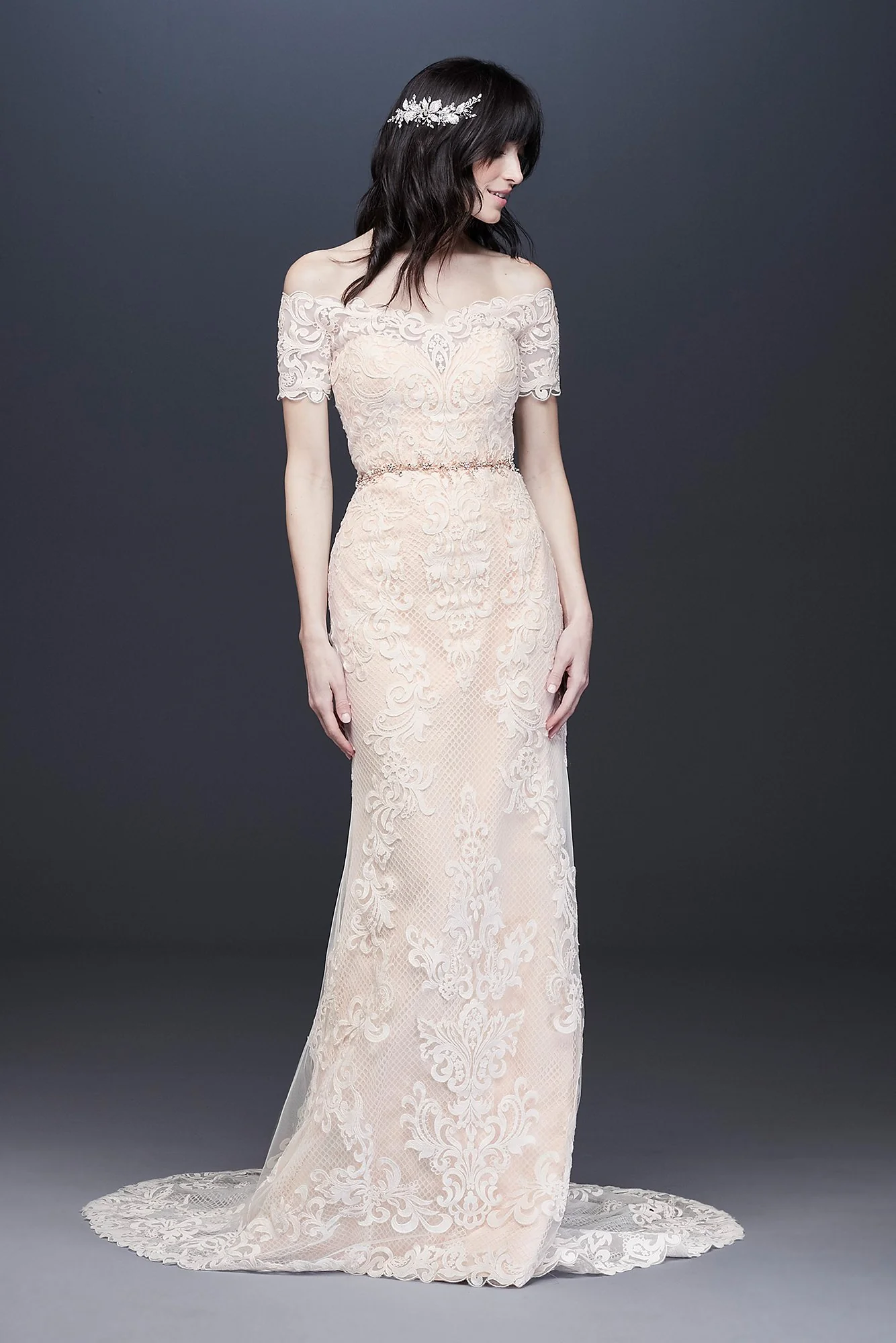 As Is Off the Shoulder Lace Sheath Wedding Dress - Image 2