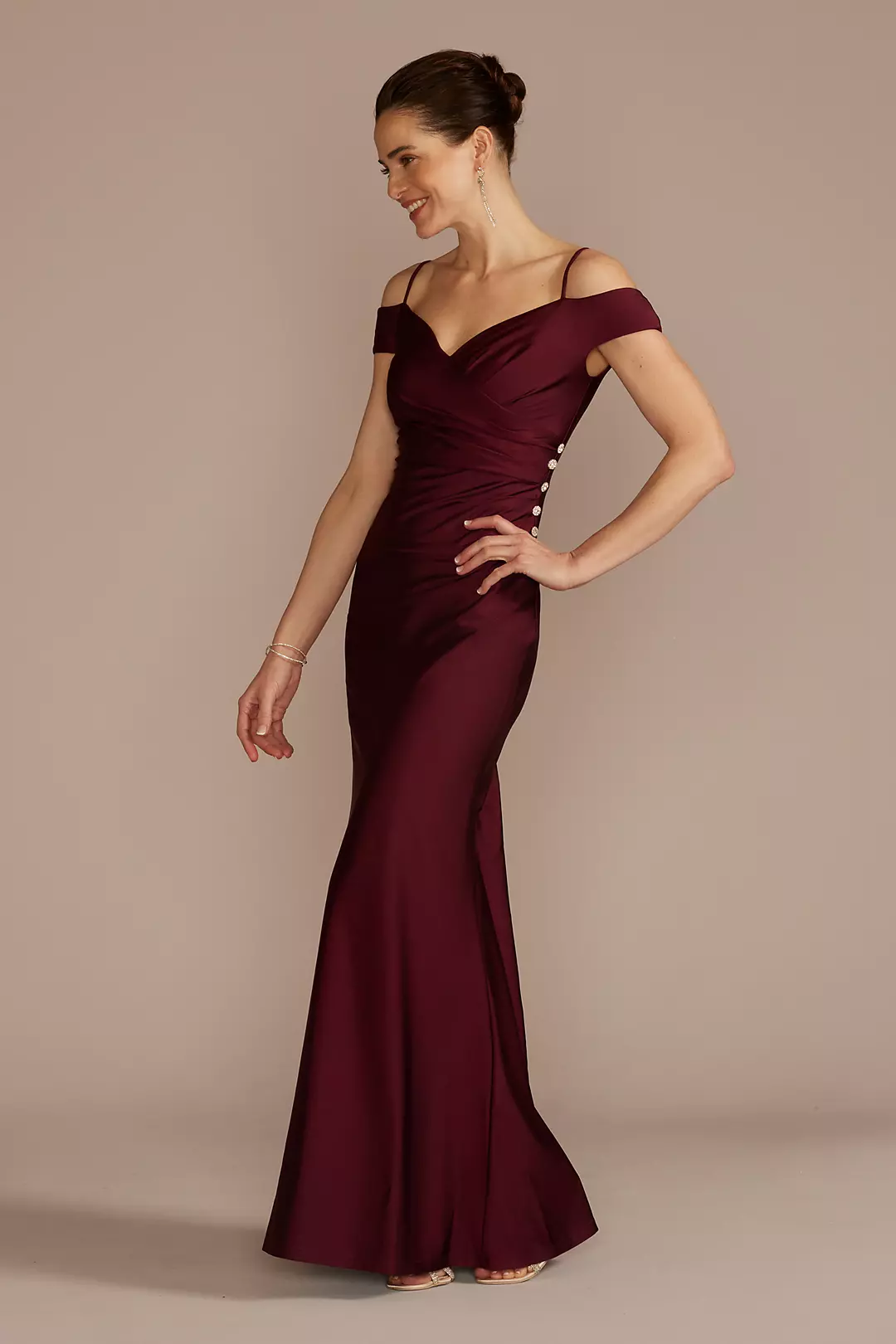As is Off-the-Shoulder Ruched Sheath with Buttons