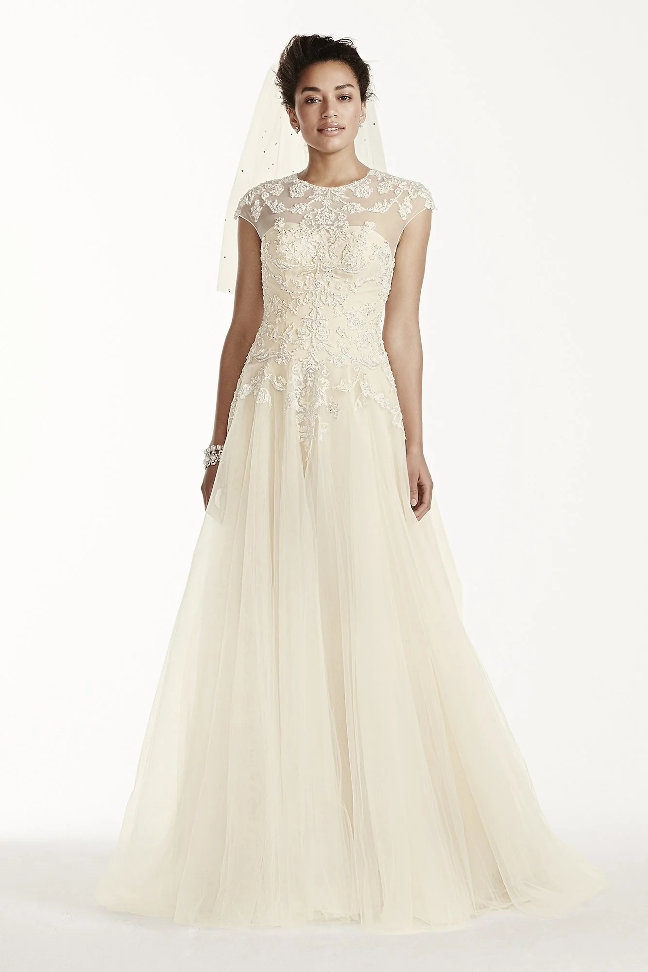 As-Is Oleg Cassini Cap Sleeve Tulle Wedding Dress - Image 2