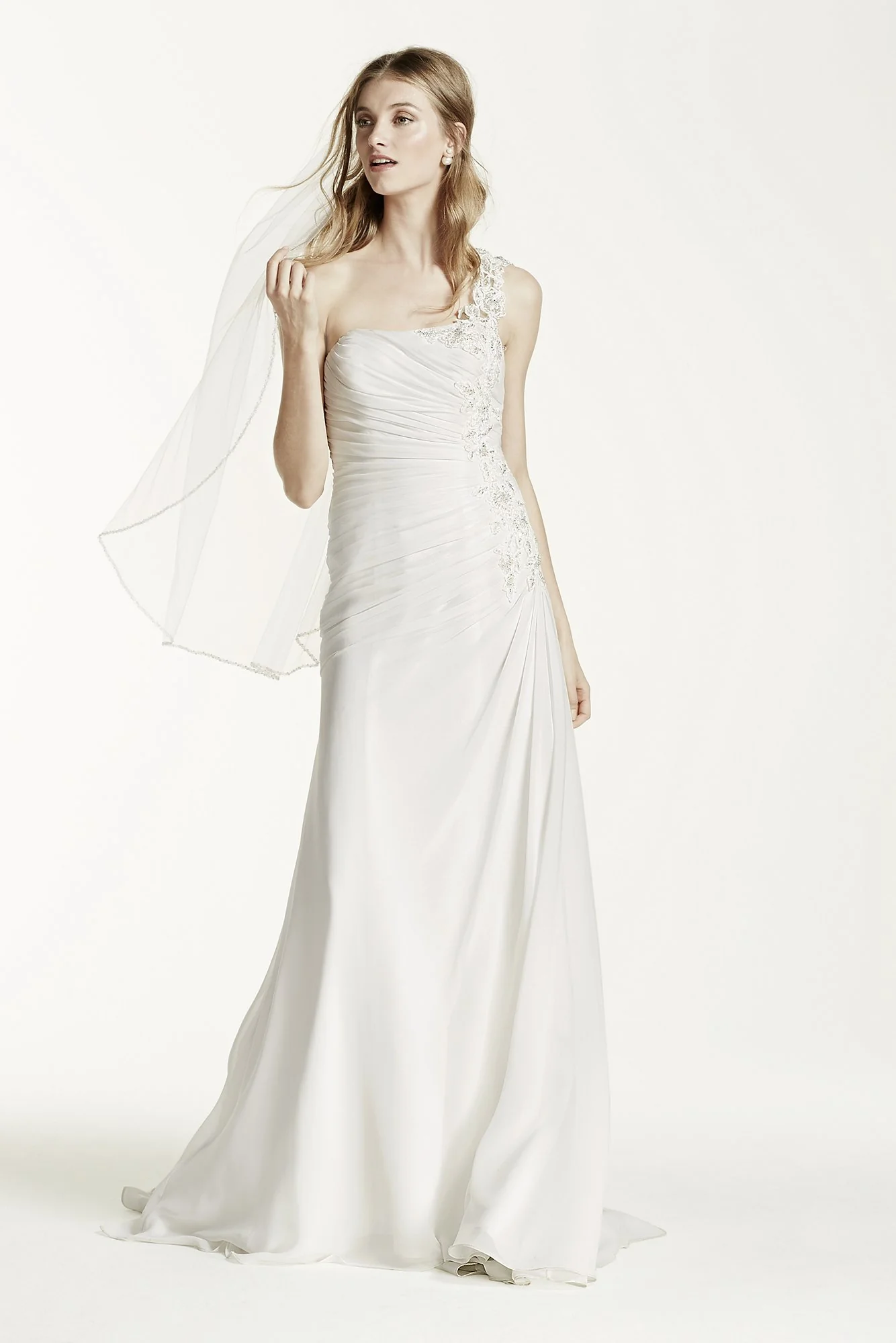 As-Is One Shoulder Chiffon Gown Floral Appliques