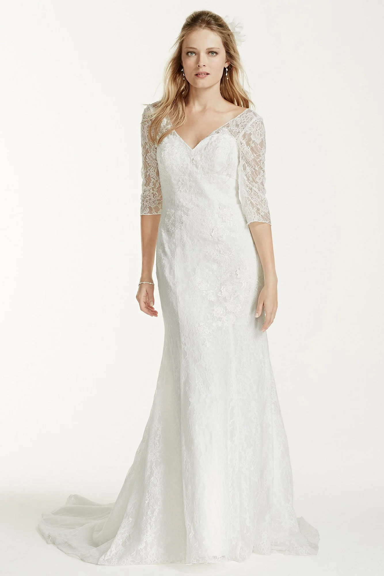 As-Is Petite 3/4 Sleeve Lace Trumpet Wedding Dress