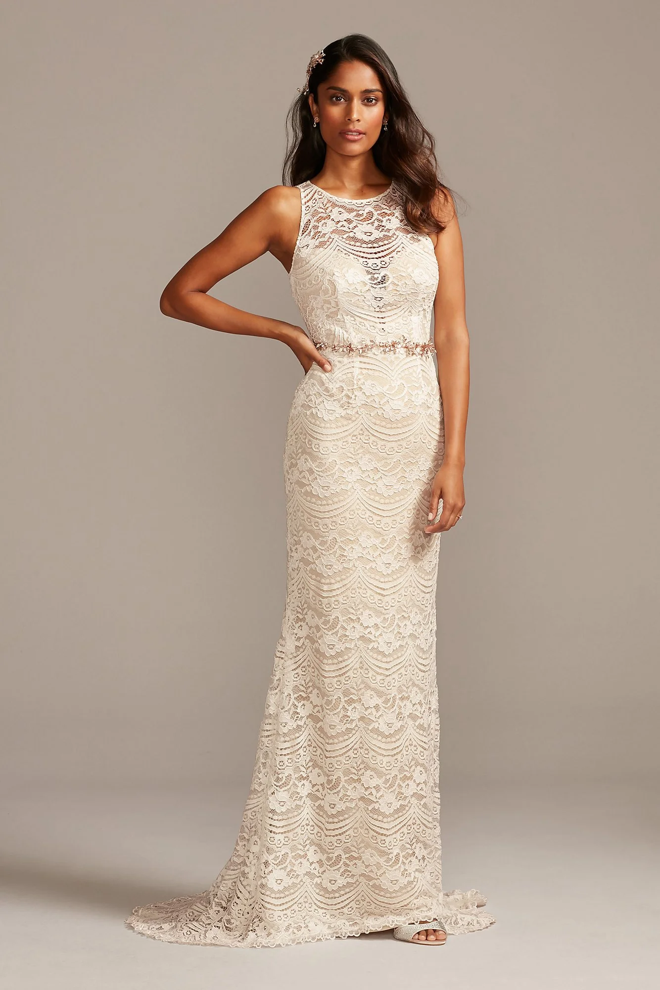 As Is Plunge Illusion Chantilly Lace Wedding Dress - Image 2