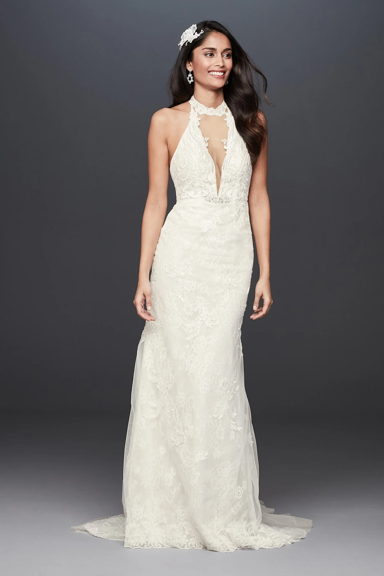 As-Is Plunge Neckline Lace Halter Wedding Dress