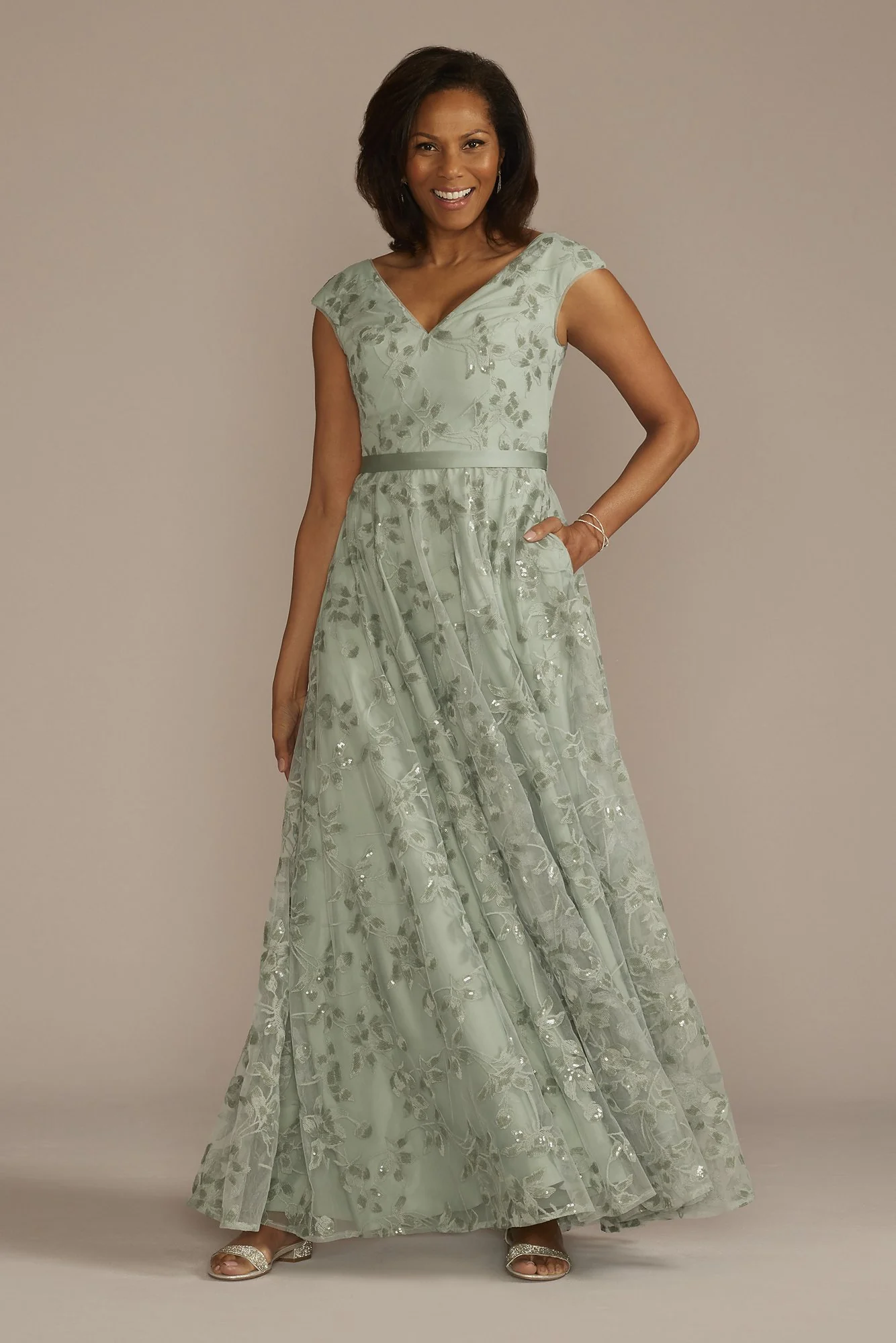 As Is Sequin Floral Cap Sleeve A-Line Dress