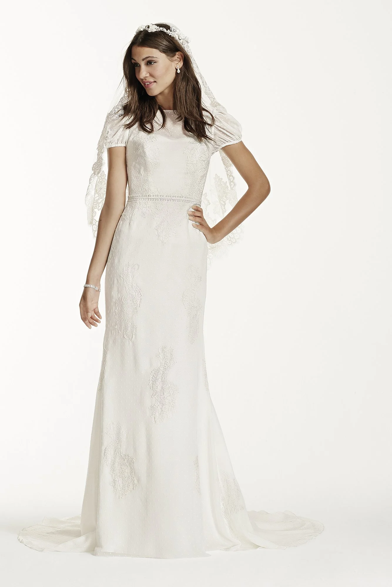 As-Is Short Sleeve Dotted Chiffon Sheath Gown - Image 2