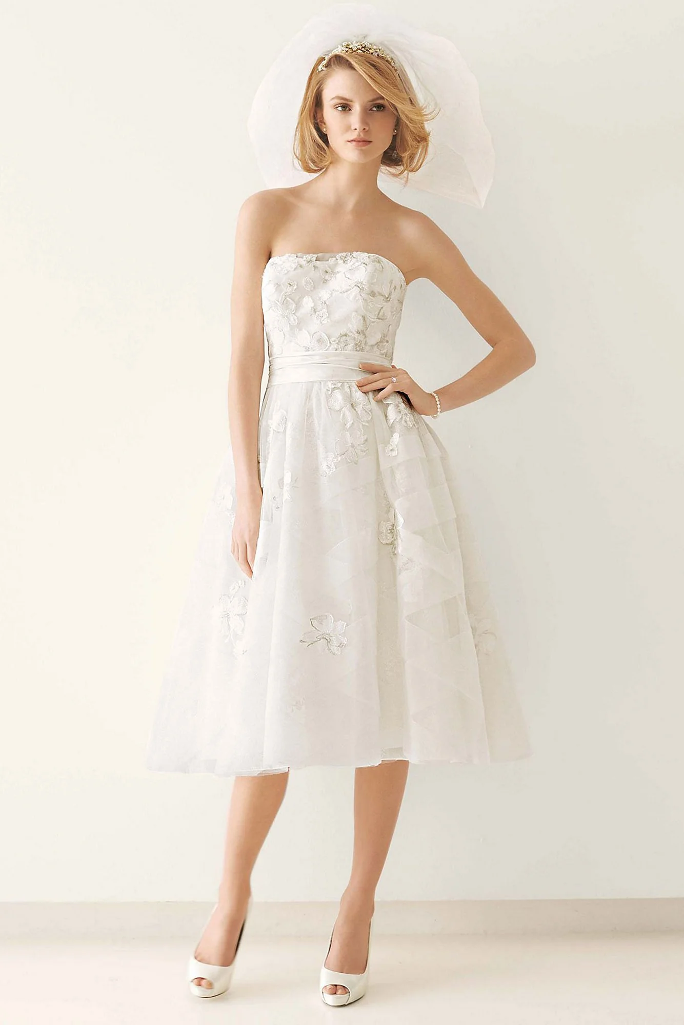 As-Is Tea Length Wedding Dress with Diagonal Bands