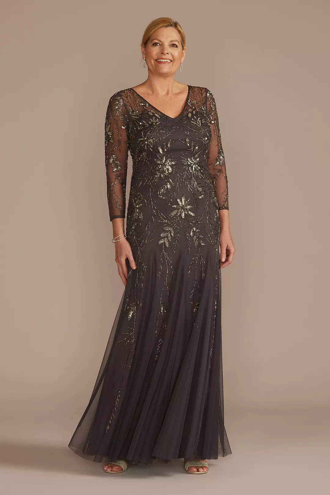 As is Three-Quarter Sleeve Beaded Gown with Godets