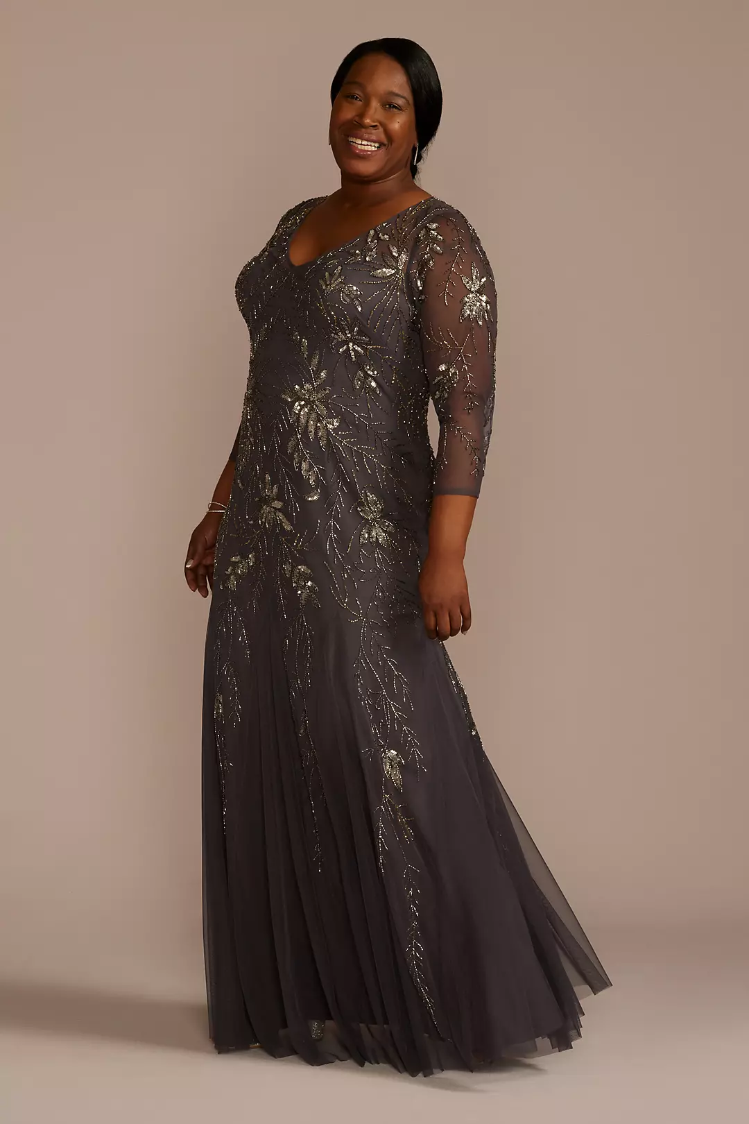 As Is Three-Quarter Sleeve Beaded Gown with Godets