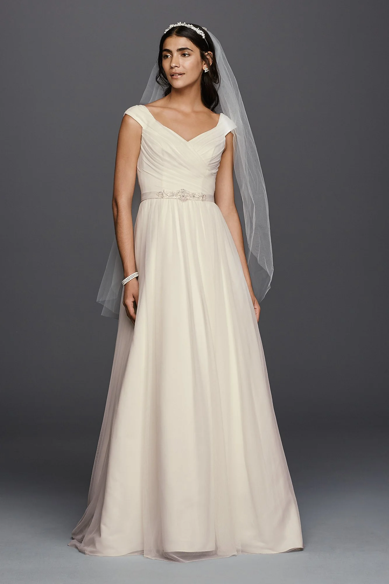 As-Is Tulle A-line Wedding Dress with Beaded Sash - Image 2