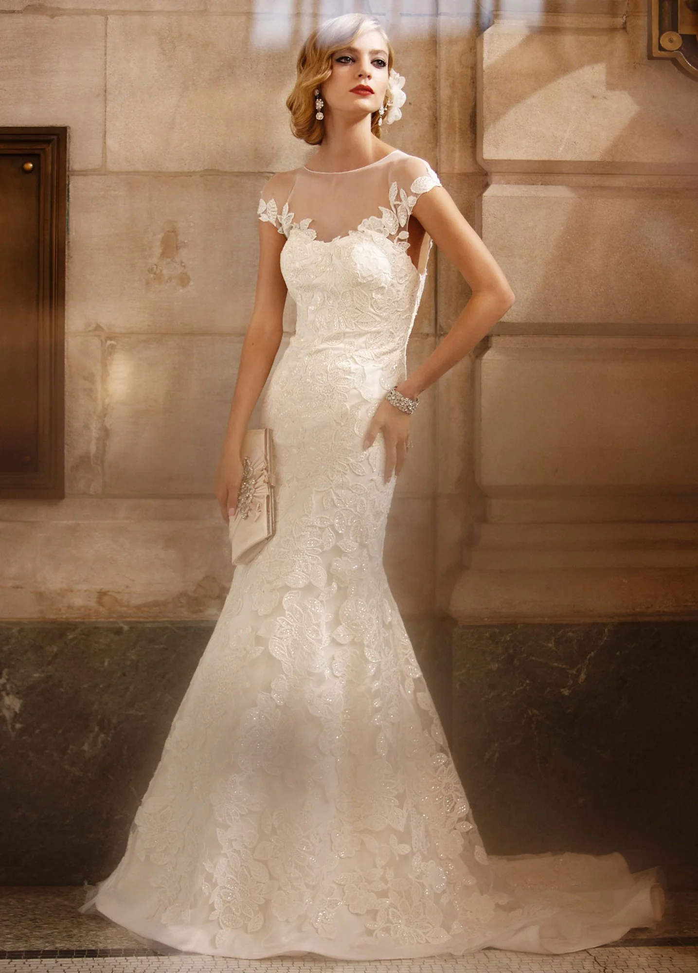 As-Is Tulle Illusion Neckline Trumpet Wedding Gown - Image 2