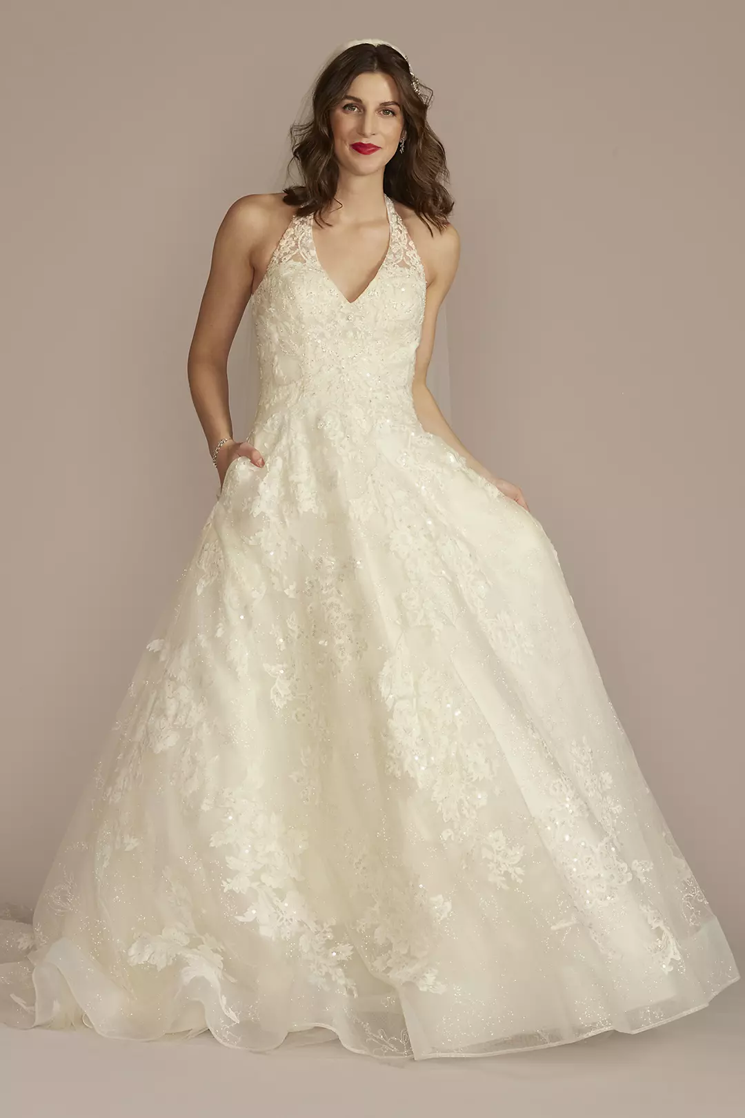 As Is V-Neck Halter Lace Ball Gown Wedding Dress - Image 3