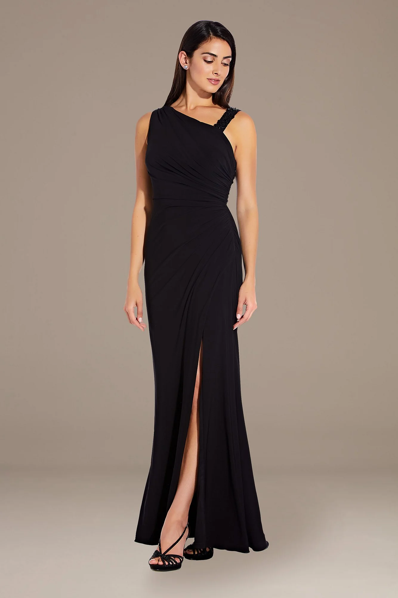 Asymmetrical Draped Gown with Sequin Strap