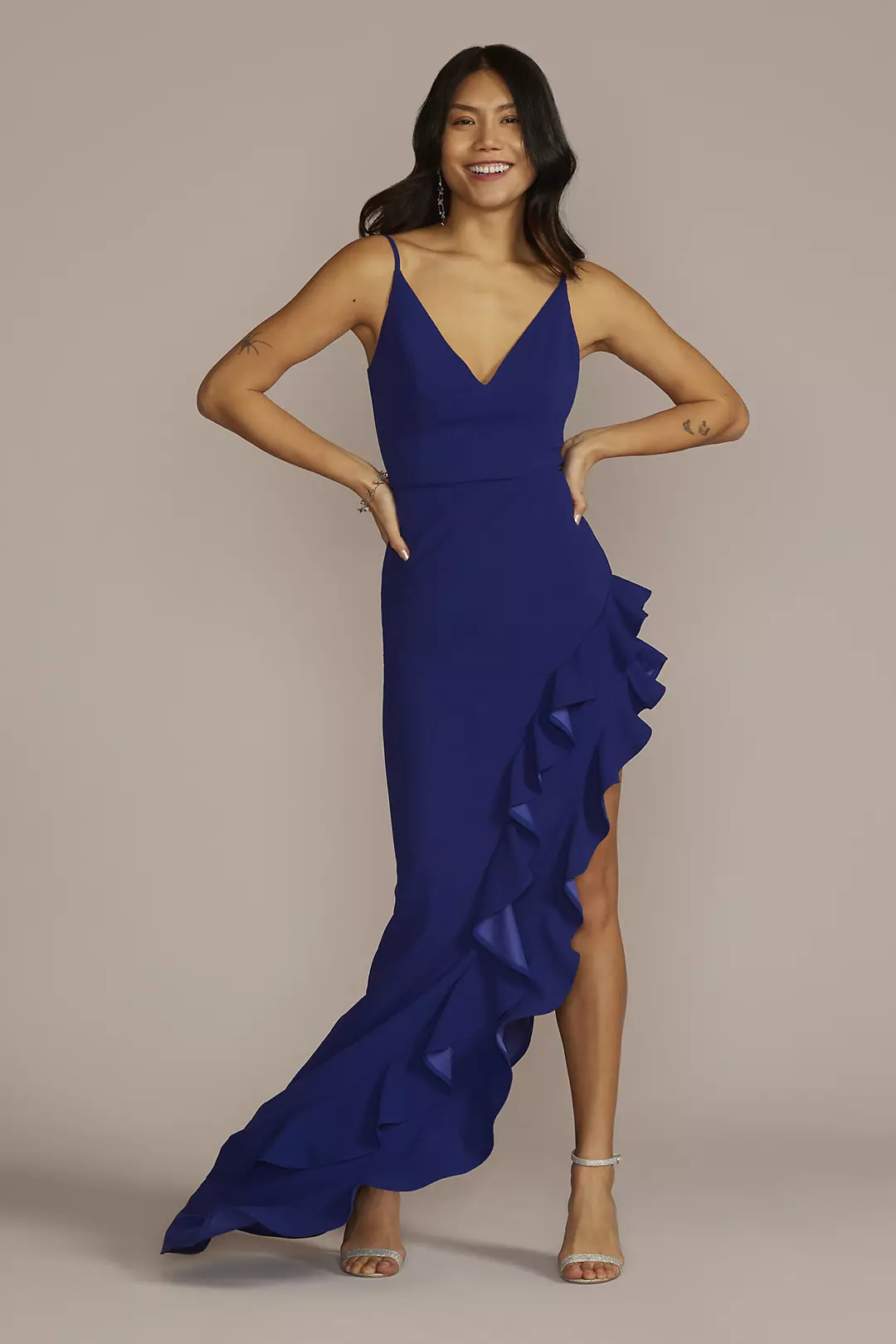 Asymmetrical Ruffled Slit Crepe Dress - Image 14