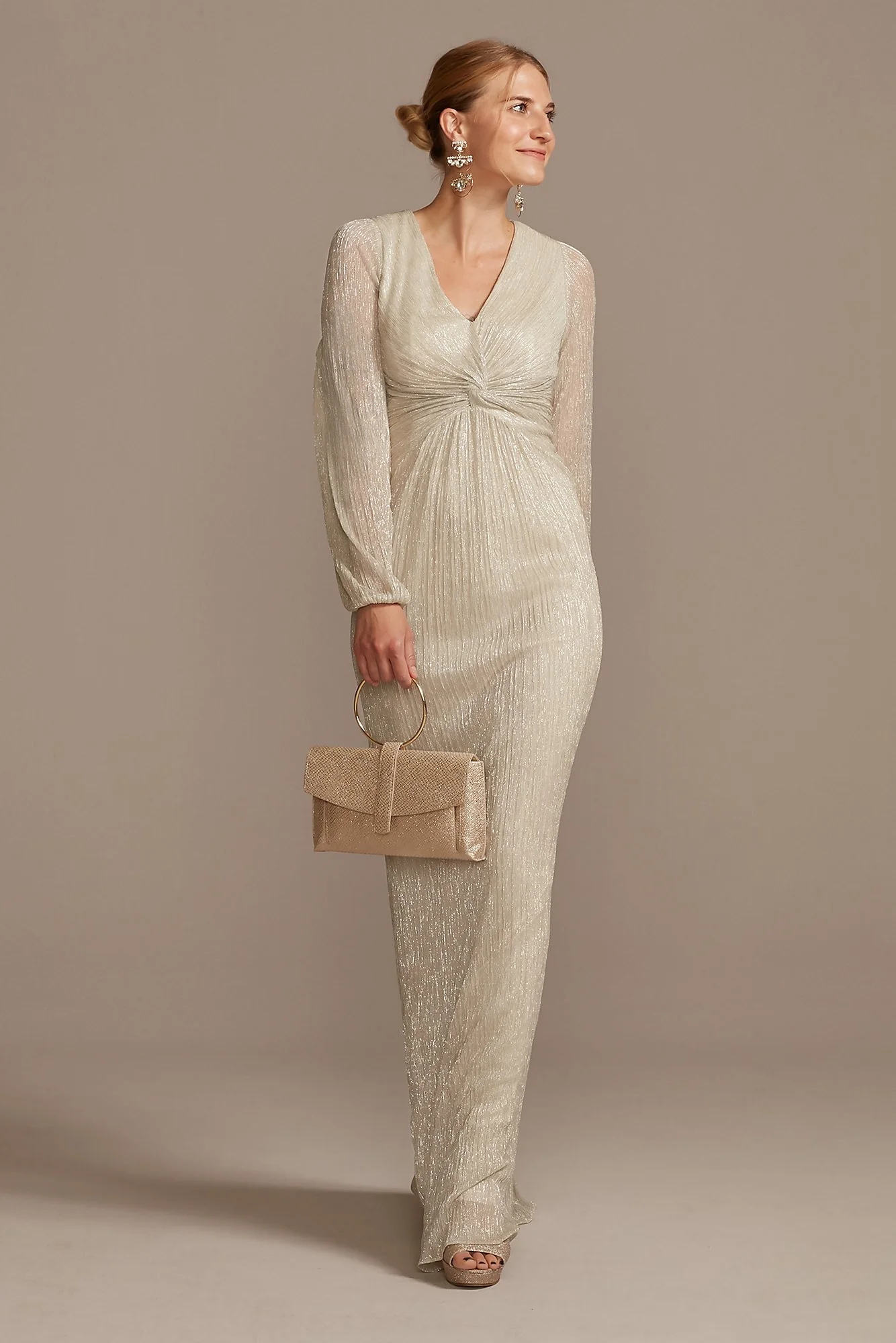 Balloon Sleeve Crinkle Metallic Dress with Twist