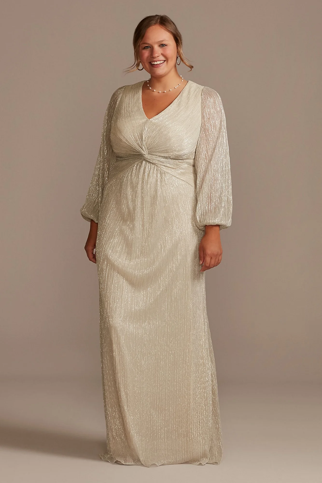 Balloon Sleeve Crinkle Metallic Dress with Twist - Image 3