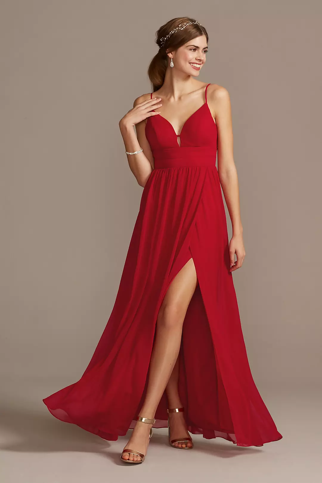 Banded Chiffon Spaghetti Strap Dress with Slit - Image 13