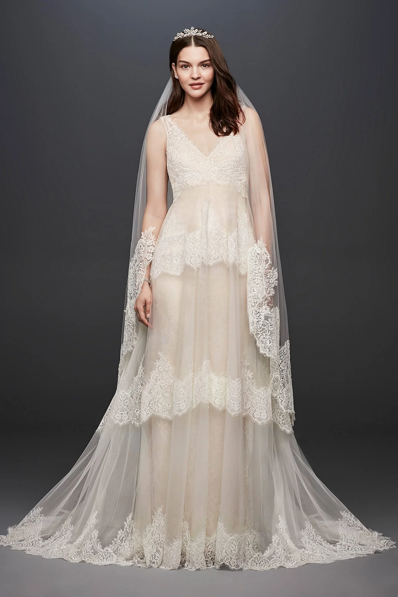Banded Eyelash Lace Layered Wedding Dress - Image 4
