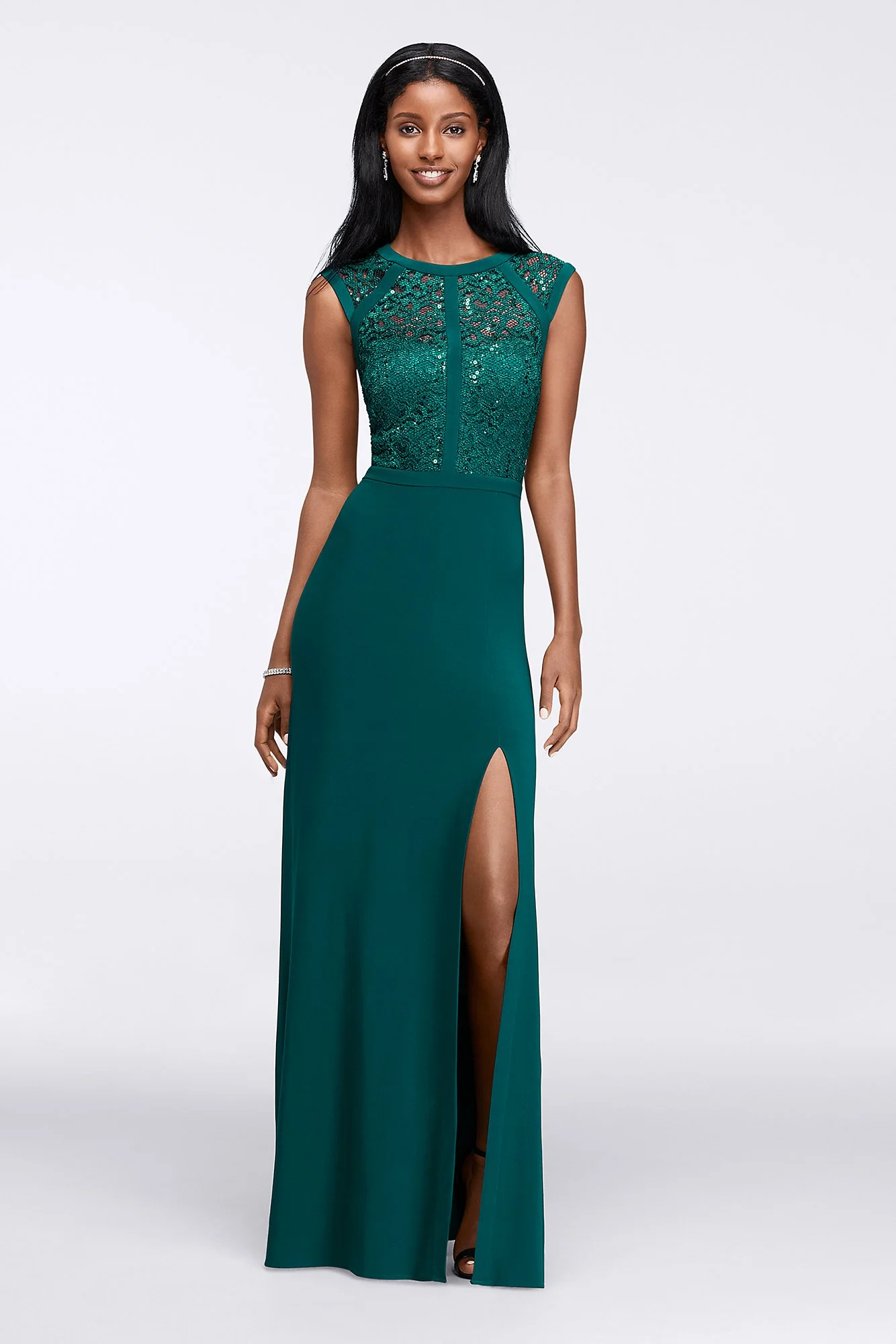 Banded Lace Cap-Sleeve Long Dress