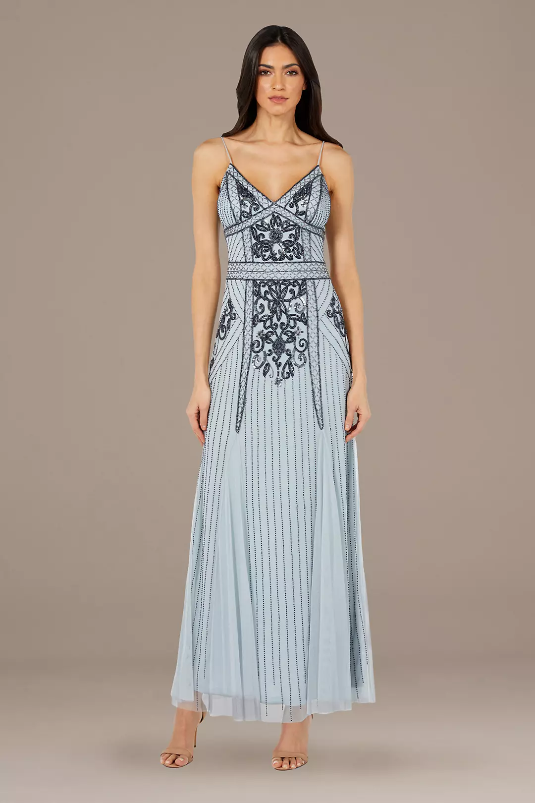 Bead-Embellished Mesh Overlay Spaghetti Strap Gown - Image 2